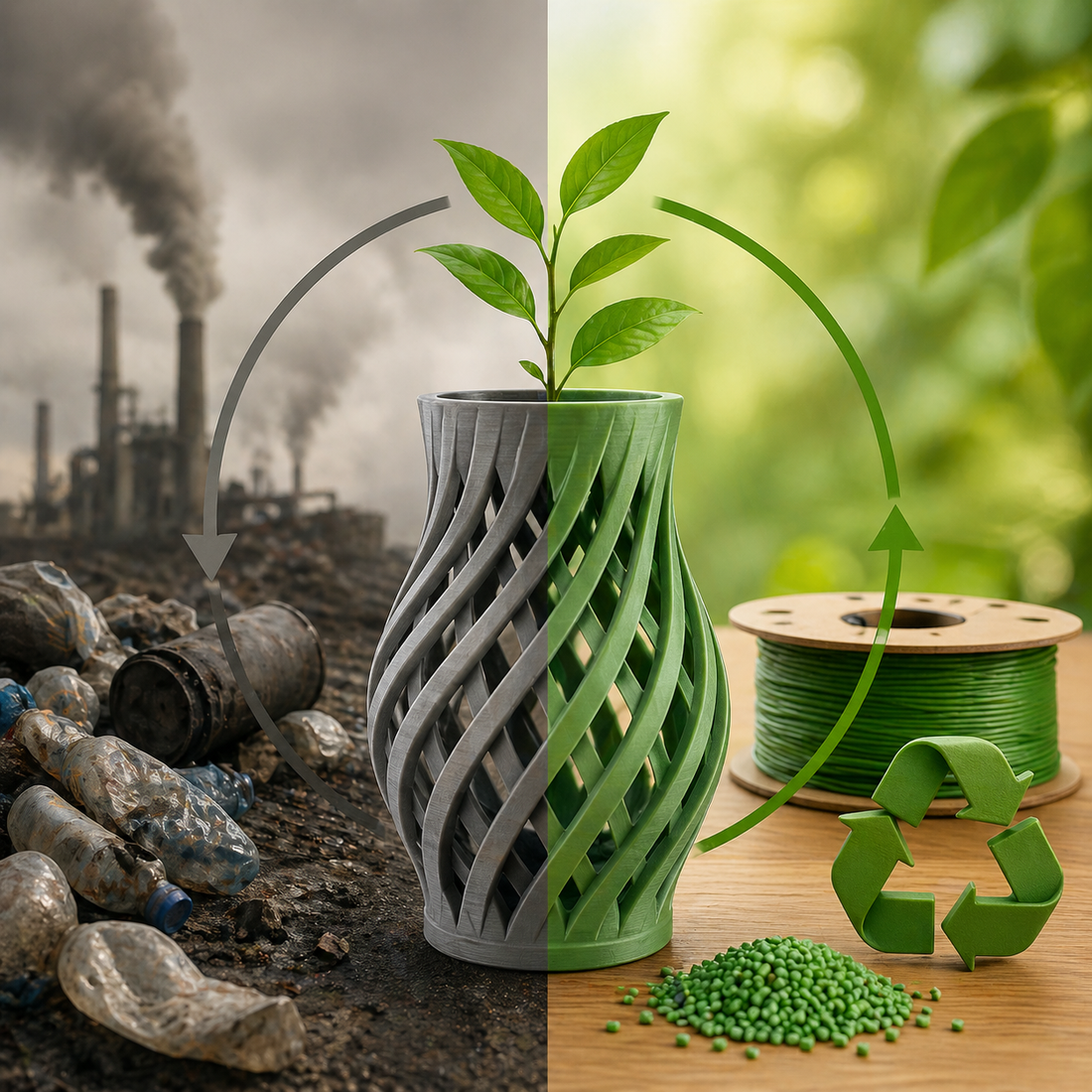 A 3D-printed vase with a small green plant is centered between two contrasting environments